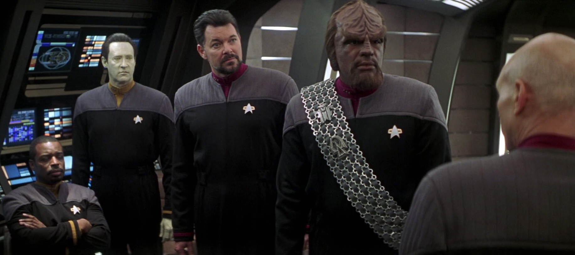 The crew aboard the Enterprise in a TNG feature film.